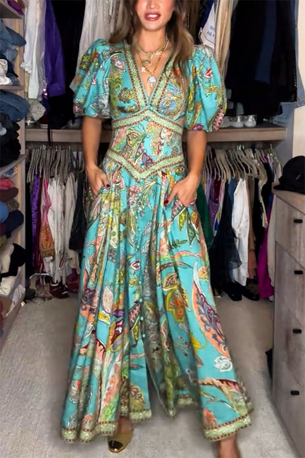 Women’s Flowy Puff-Sleeve V-Neck Maxi Dress
