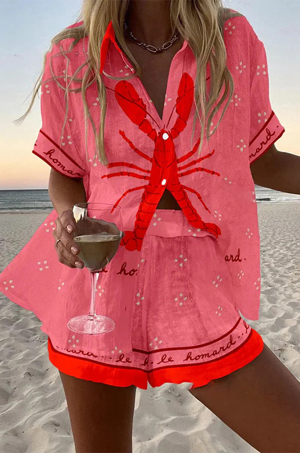 Women’s Pink Lobster Print Two Piece Short Set